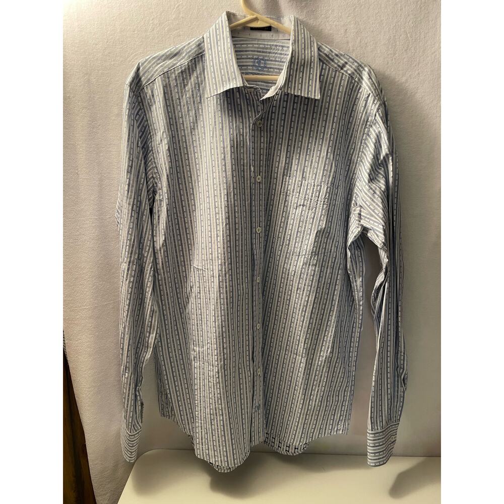 Bugatchi mens luxury‎ designer shirt large blue white long sleeve embroider